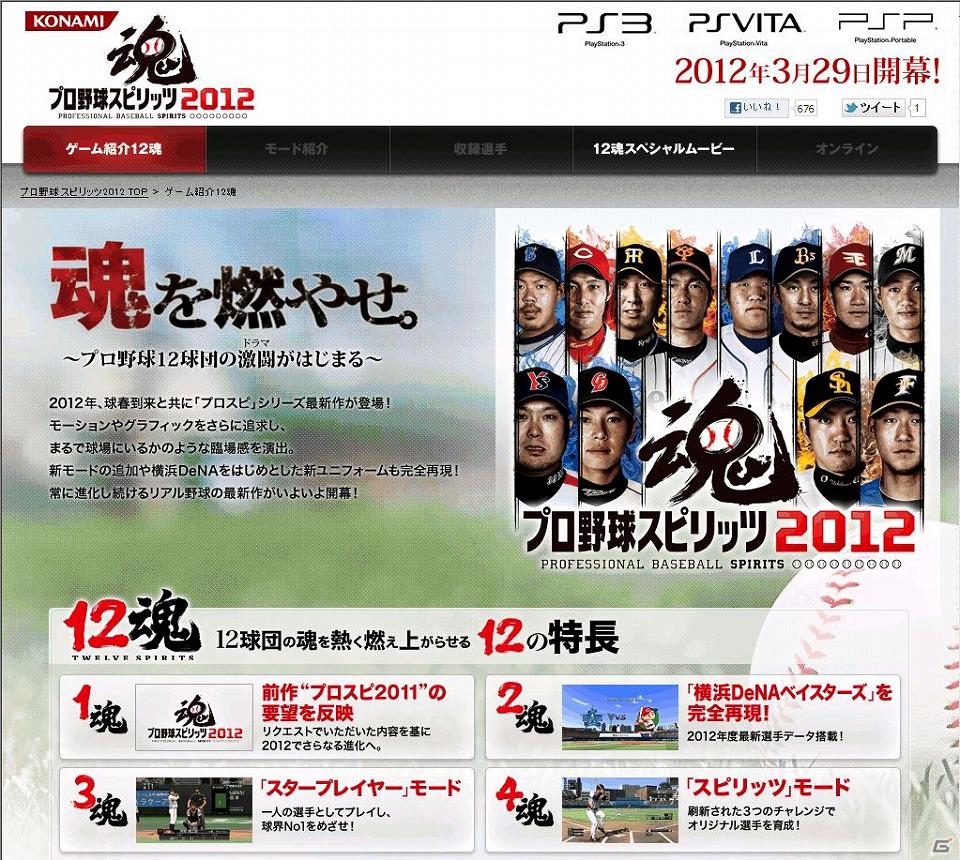 PS3/PS Vita/PSP「プロ野球スピリッツ2012」公式サイトリニューアル！メインビジュアルや本作の特徴「12魂（TWELVE SPIRITS）」の一部を公開の画像1