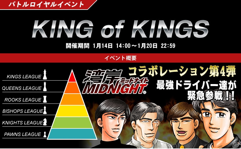 iOS/Android「ドリフトスピリッツ」湾岸ミッドナイトとのコラボイベント第4弾！バトルロイヤルイベント「KING of KINGS」が開始の画像1