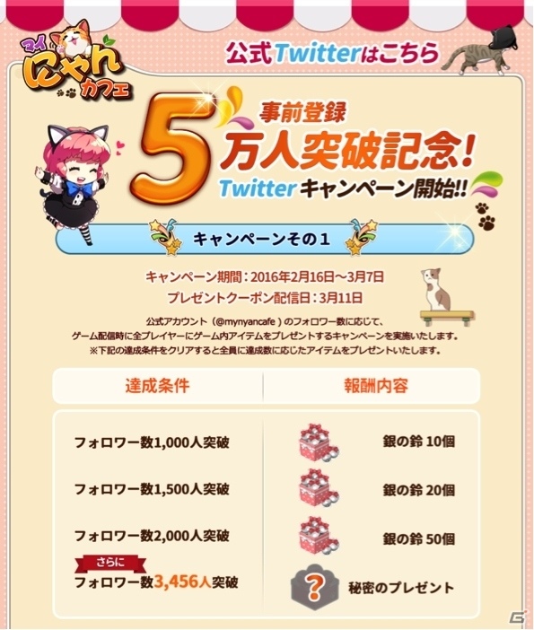 猫カフェ経営＆育成SLGアプリ「マイにゃんカフェ」の事前登録者数が5万人を突破！ゲーム内アイテムがプレゼントされるTwitterキャンペーンが開始の画像2