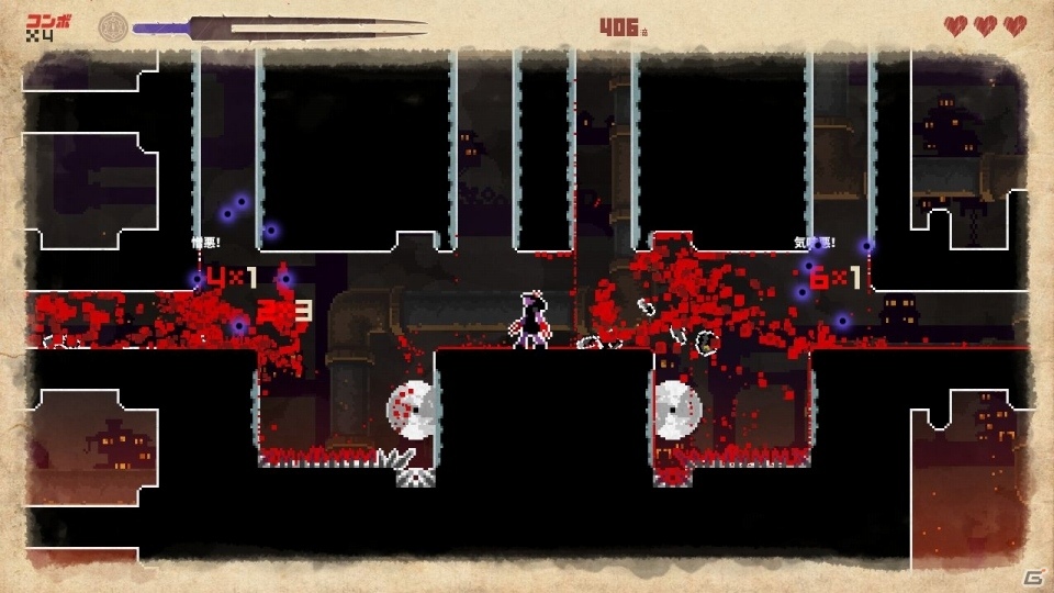 回転ノコギリに蹴り飛ばし、深淵で杭を叩きこむ―敵を血祭りに上げる2Dアクション「They Bleed Pixels」がPLAYISMにて配信の画像13