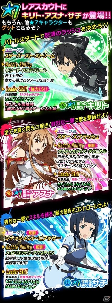 iOS/Android「ソードアート・オンライン コード・レジスタ」スカウトに★7のキリト、アスナ、サチが的中率UPで登場！の画像2