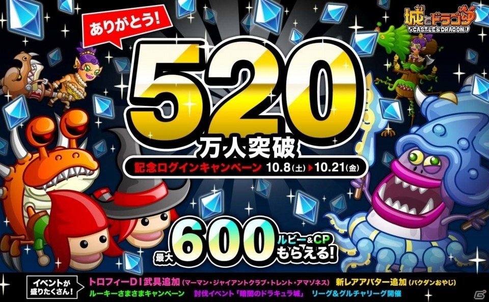 iOS/Android「城とドラゴン」最大600ルビー＆600CPがもらえる520万人突破記念ログインキャンペーンが10月8日スタートの画像1
