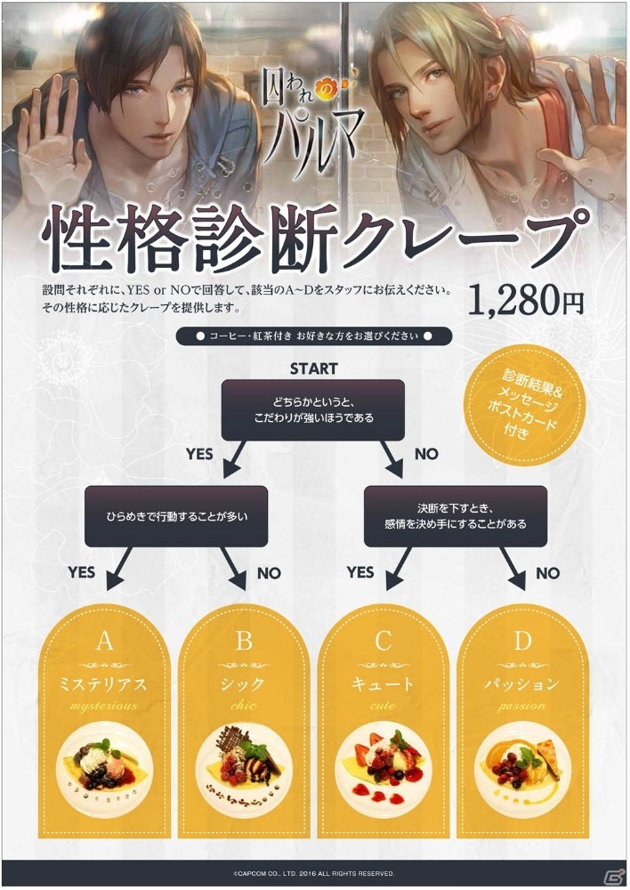 あなたにピッタリのクレープは？「囚われのパルマ」性格診断クレープがカプコンカフェで発売中の画像1