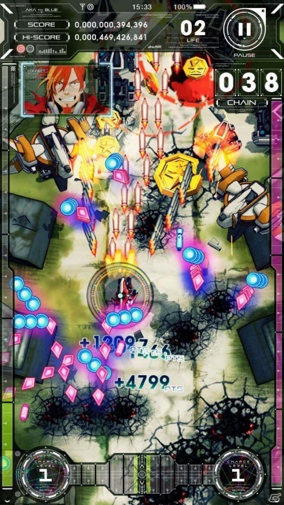 iOS/Android「アカとブルー」が配信開始―ダイナミックな背景演出と1000発以上の敵弾表示、60fps動作を両立した縦スクロール型STGの画像2