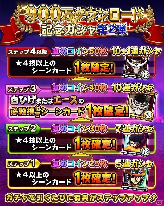 iOS/Android「ONE PIECE サウザンドストーム」開催中の「900万ダウンロード突破記念キャンペーン」後半にて“白ひげ”の必殺技とキャラメダルのプレゼントが実施の画像3