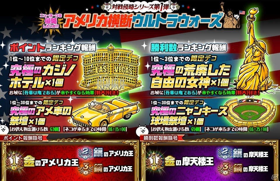 みんなで にゃんこ大戦争 3ヶ月連続大型アップデート第2弾 新形式の対人戦イベント アメリカ横断ウルトラウォーズ が開催 ゲーム情報サイト Gamer