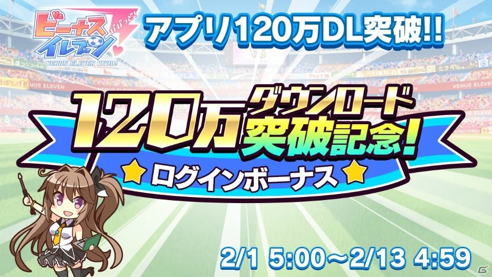iOS/Android「ビーナスイレブンびびっど！」120万DL突破記念キャンペーンが開催！ログインボーナスや無料スカウトも実施の画像2