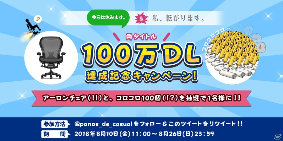 今日は休みます と 私 転がります がそれぞれ世界100万dlを達成 記念キャンペーンが開催 Gamer