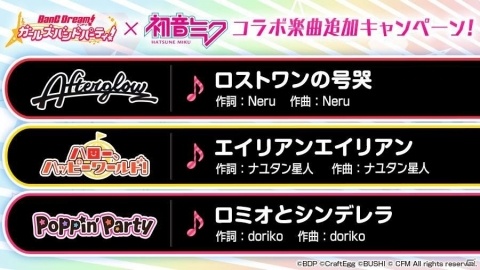 「バンドリ！ ガールズバンドパーティー！」初音ミクとのコラボ企画がスタート！カバー楽曲が追加の画像2