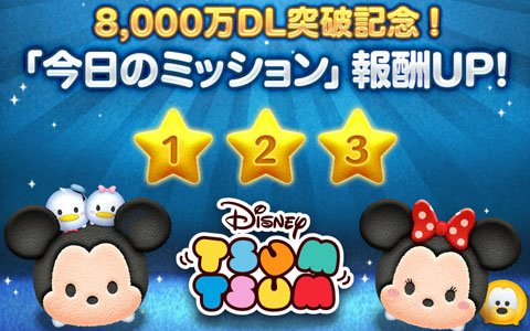 「LINE：ディズニー ツムツム」世界累計8,000万ダウンロードを突破！「今日のミッション」にて報酬が10倍になるイベントが実施