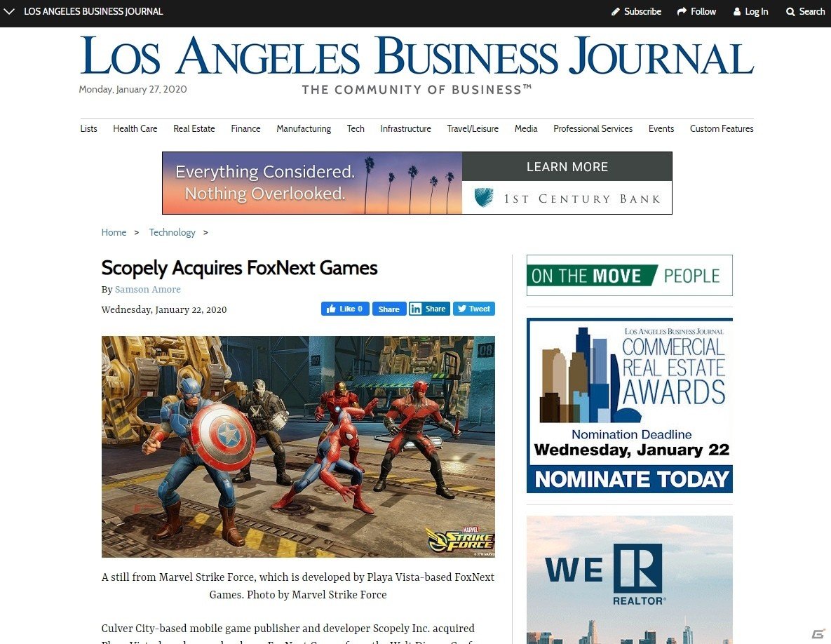 米モバイルゲーム会社のScopely、ザ・ウォルト・ディズニー・カンパニーからFoxNext Gamesを買収の画像1