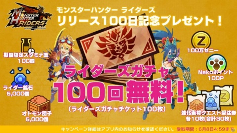 「モンスターハンター ライダーズ」リリース100日記念！「ライダーズガチャチケット100枚」などのアイテムセットが配布の画像1