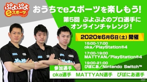 「ぷよぷよのプロ選手にオンラインチャレンジ！」第5回は6月6日に実施！oka選手とMATTYAN選手、ぴぽにあ選手に挑戦しようの画像1