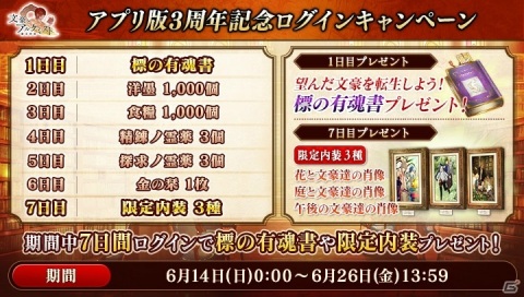 「文豪とアルケミスト」アプリ版3周年記念キャンペーンが開催！限定召装「愛シキ日々ノ挿話」などが実施の画像1