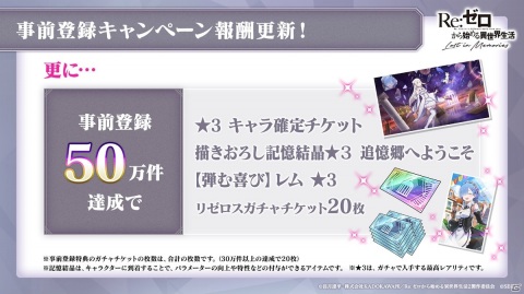 「Re:ゼロから始める異世界生活 Lost in Memories」事前登録50万件の達成報酬に「★3キャラ確定チケット」が追加！の画像2