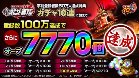 「真・北斗無双」事前登録者数100万人突破！全ユーザーにオーブ7,700個が配布決定の画像2