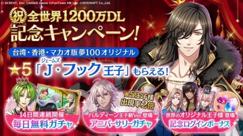 「夢王国と眠れる100人の王子様」全世界1200万DL突破記念キャンペーンが開始！台湾・香港・マカオ版のオリジナル王子をゲットしようの画像2