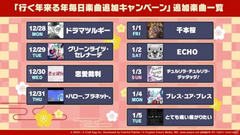 「プロジェクトセカイ」9日間連続で楽曲追加！「行く年来る年毎日楽曲追加キャンペーン」が開始の画像1
