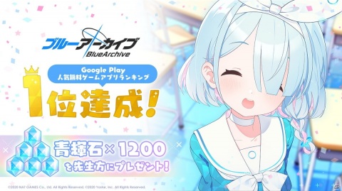 「ブルーアーカイブ -Blue Archive-」がGoogle Playの人気無料ゲームランキングで1位に！青輝石1,200個が配布の画像1
