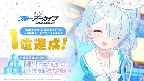 「ブルーアーカイブ -Blue Archive-」Google Play、Apple Storeの人気無料ゲームランキングで1位獲得！の画像1