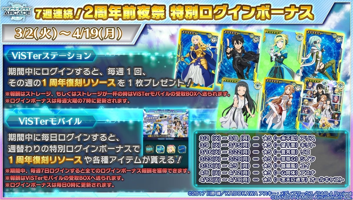 「SAO AC ディープ・エクスプローラー」にて「7週連続！2周年前夜祭特別ログインボーナス」が開催決定！1周年復刻リソースが毎週1枚もらえるの画像1
