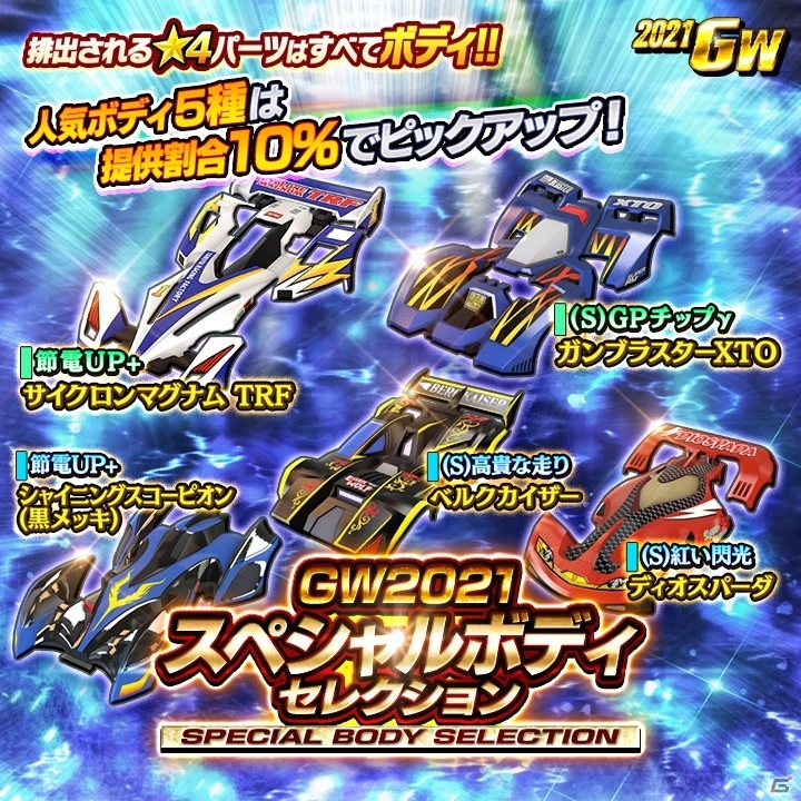 「ミニ四駆 超速グランプリ」人気のマシンボディとパーツをピックアップしたGW限定ガシャが配信！タイムバトルイベントも開催の画像2