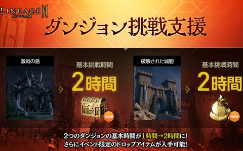 「リネージュ2M」激戦の島と破壊された城砦の挑戦時間が2倍に！イベント「ダンジョン挑戦支援」が開催