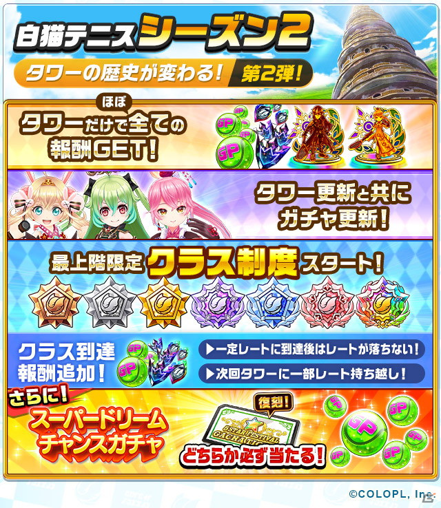 「白猫テニス」のシーズン2が開幕！タワーを中心とした新環境となり開催スケジュールや報酬の見直しを実施の画像2