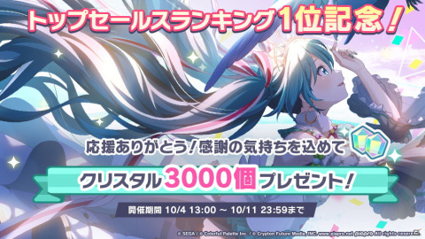 「プロジェクトセカイ カラフルステージ！ feat. 初音ミク」トップセールスランキング1位記念で「クリスタル」3,000個を配布！の画像1