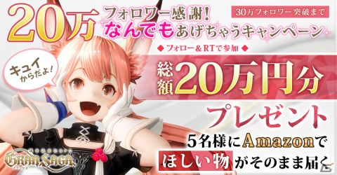 「グランサガ」公式Twitterのフォロワー数が20万を突破！Amazonで欲しい物がもらえる記念キャンペーンが開催の画像1