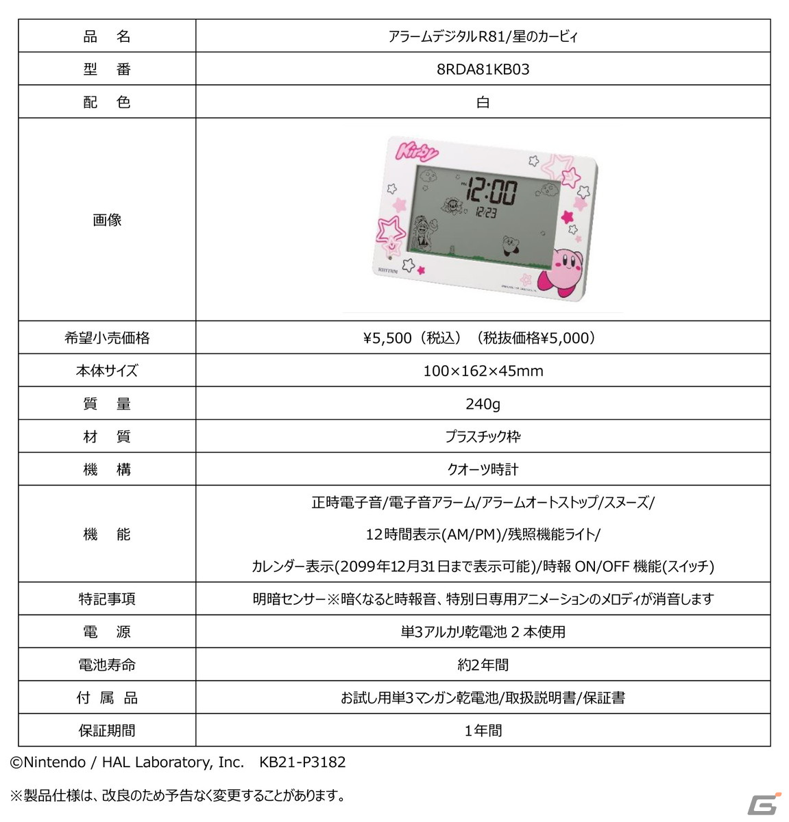 おなじみのBGMに合わせてカービィと仲間たちが動くデジタル時計