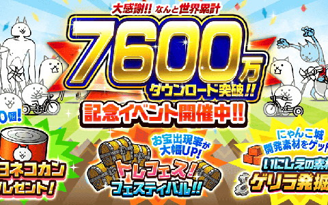 「にゃんこ大戦争」7,600万ダウンロード突破！期間限定記念イベントではにゃんこ砲の開発素材を入手するチャンス