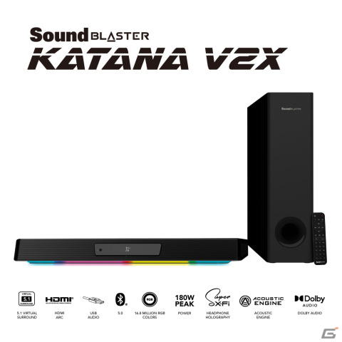 クリエイティブメディア、PCやコンソール機のサウンドをRGBライティングで彩るゲーミングサウンドバー「Sound Blaster Katana V2X」を発売の画像1