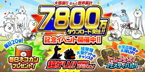 「にゃんこ大戦争」シリーズ累計DL数が7,800万DLを突破！「トレフェス☆フェスティバル」のお宝出現率が大幅アップする記念イベントを実施の画像1