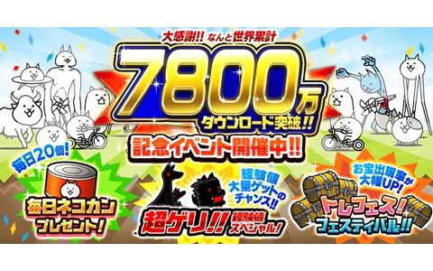 「にゃんこ大戦争」シリーズ累計DL数が7,800万DLを突破！「トレフェス☆フェスティバル」のお宝出現率が大幅アップする記念イベントを実施