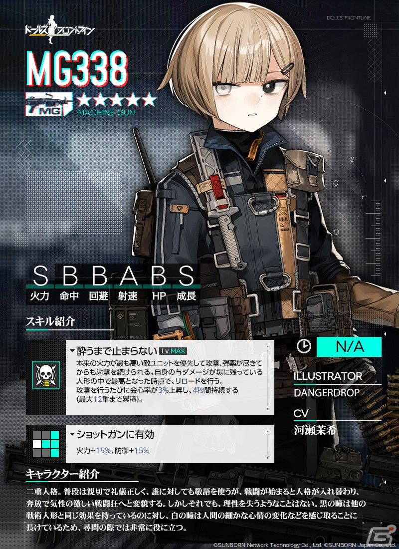 ドールズフロントライン」☆5MG「MG338（CV：河瀬茉希）などが報酬の