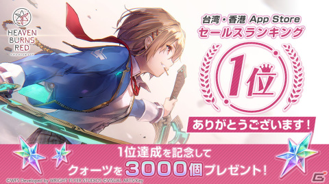 「ヘブバン」台湾・香港のApp Store売上ランキングで1位を獲得！クォーツ3,000個の配布が決定の画像1