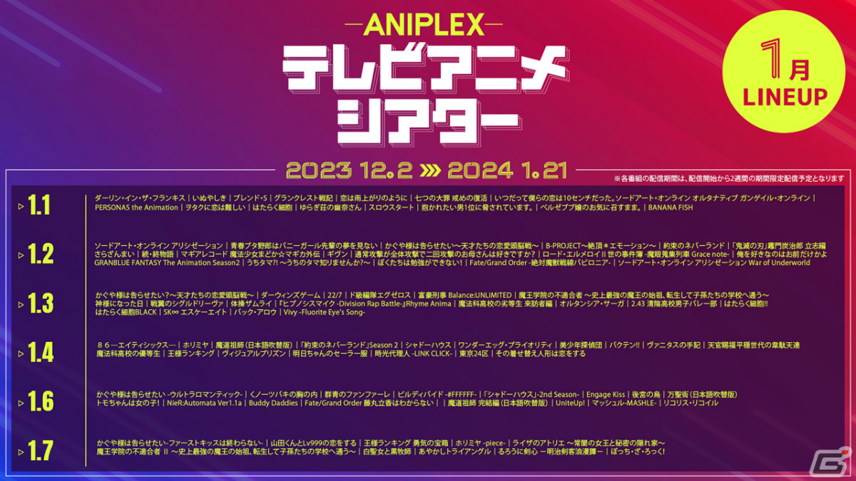 「アニプレックス テレビアニメシアター」が12月2日より実施!アニメ250作品以上の厳選エピソードを無料配信の画像