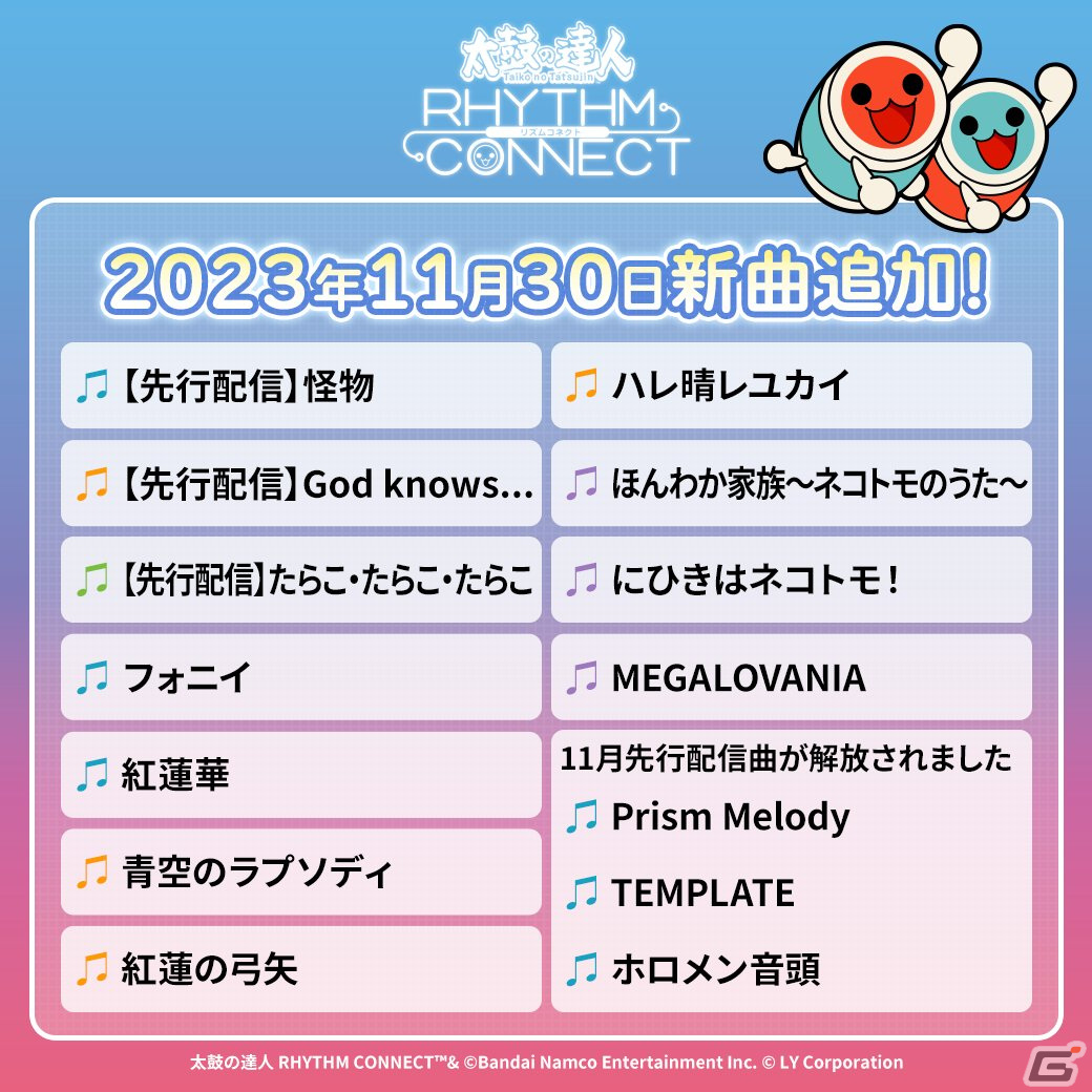 「太鼓の達人 RHYTHM CONNECT」が100万ダウンロードを突破！「紅蓮華」「ハレ晴レユカイ」などの新曲も登場の画像