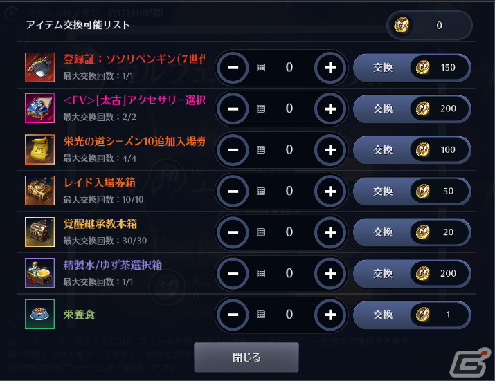 交換アイテムリスト