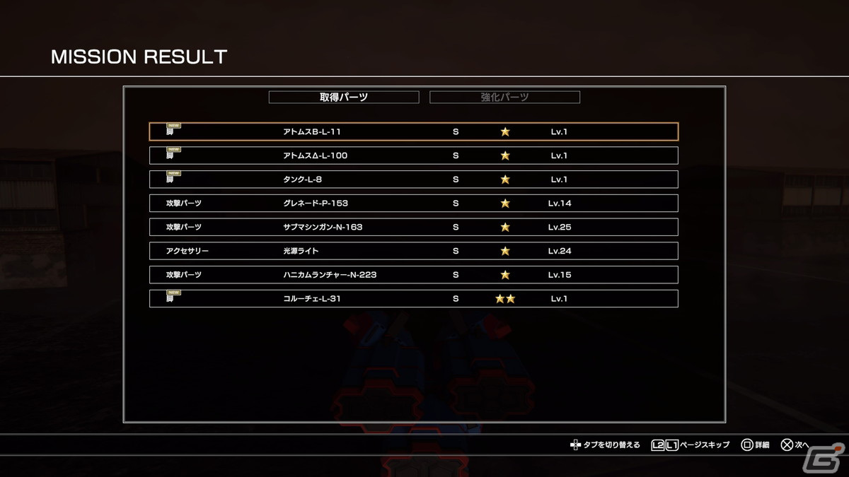 パーツにはそれぞれLV・サイズ・レア度が設定されており、同じパーツを集めるほどLVが強化されていく。