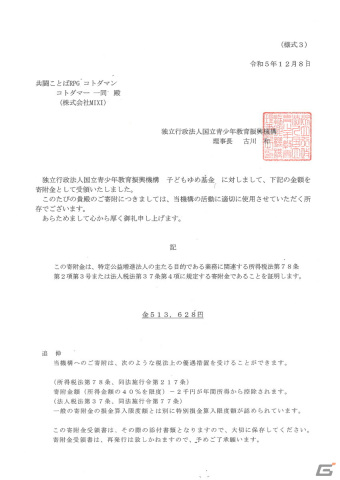 「コトダマン」がゲーム内キャンペーンを通して「子どもゆめ基金」へ寄付金を贈呈―総額513,628円を寄付の画像2