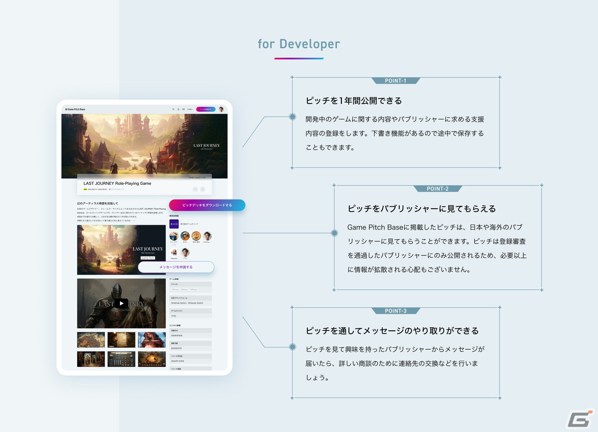 ゲームデベロッパーとパブリッシャーを繋ぐピッチプラットフォーム「Game Pitch Base」の無料β版が提供開始！の画像