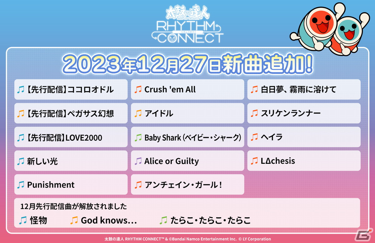 「太鼓の達人 RHYTHM CONNECT」に「アイドル」「Alice or Guilty」「Baby Shark(ベイビー・シャーク)」など14曲が追加!の画像