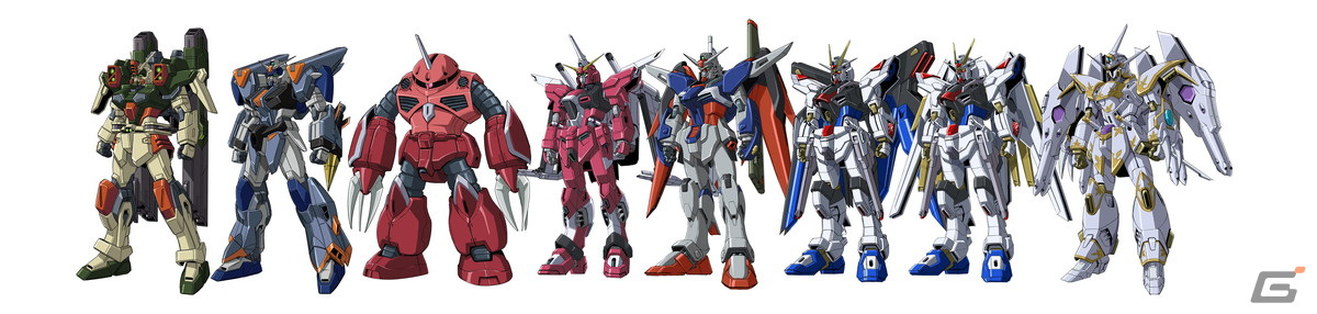 左から:ライトニングバスターガンダム、デュエルブリッツガンダム、ズゴック、インフィニットジャスティスガンダム弐式、デスティニーガンダムSpecII、ストライクフリーダムガンダム弐式、マイティーストライクフリーダムガンダム、ブラックナイトスコード カルラ