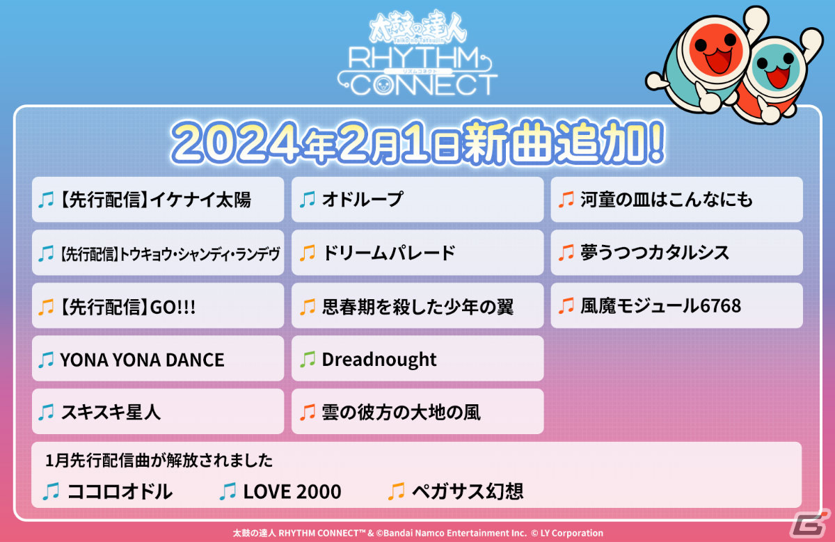 「太鼓の達人 RHYTHM CONNECT」に「YONA YONA DANCE」「スキスキ星人」「オドループ」など13曲が追加！の画像