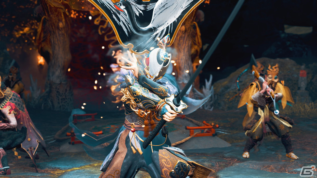 刀に装備した鍔を切り替える宗（そう）。鍔にはいくつもの種類があるようだ