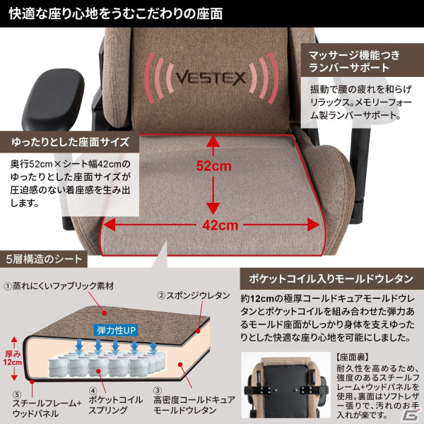 ルームワークス、インテリアに溶け込むオフカラーで展開するライフスタイルゲーミングチェア「VESTEX S1」シリーズを発売の画像5