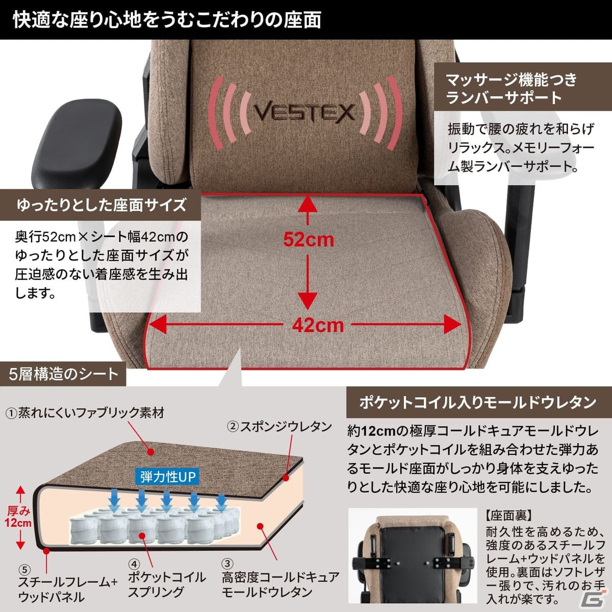 ルームワークス、インテリアに溶け込むオフカラーで展開するライフスタイルゲーミングチェア「VESTEX S1」シリーズを発売の画像