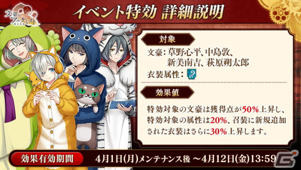 「文アル」で特別調査任務「図書館決戦！ VSワニラ」が開催！動物部屋着の新美南吉や草野心平、中島敦が登場する限定召装もの画像2
